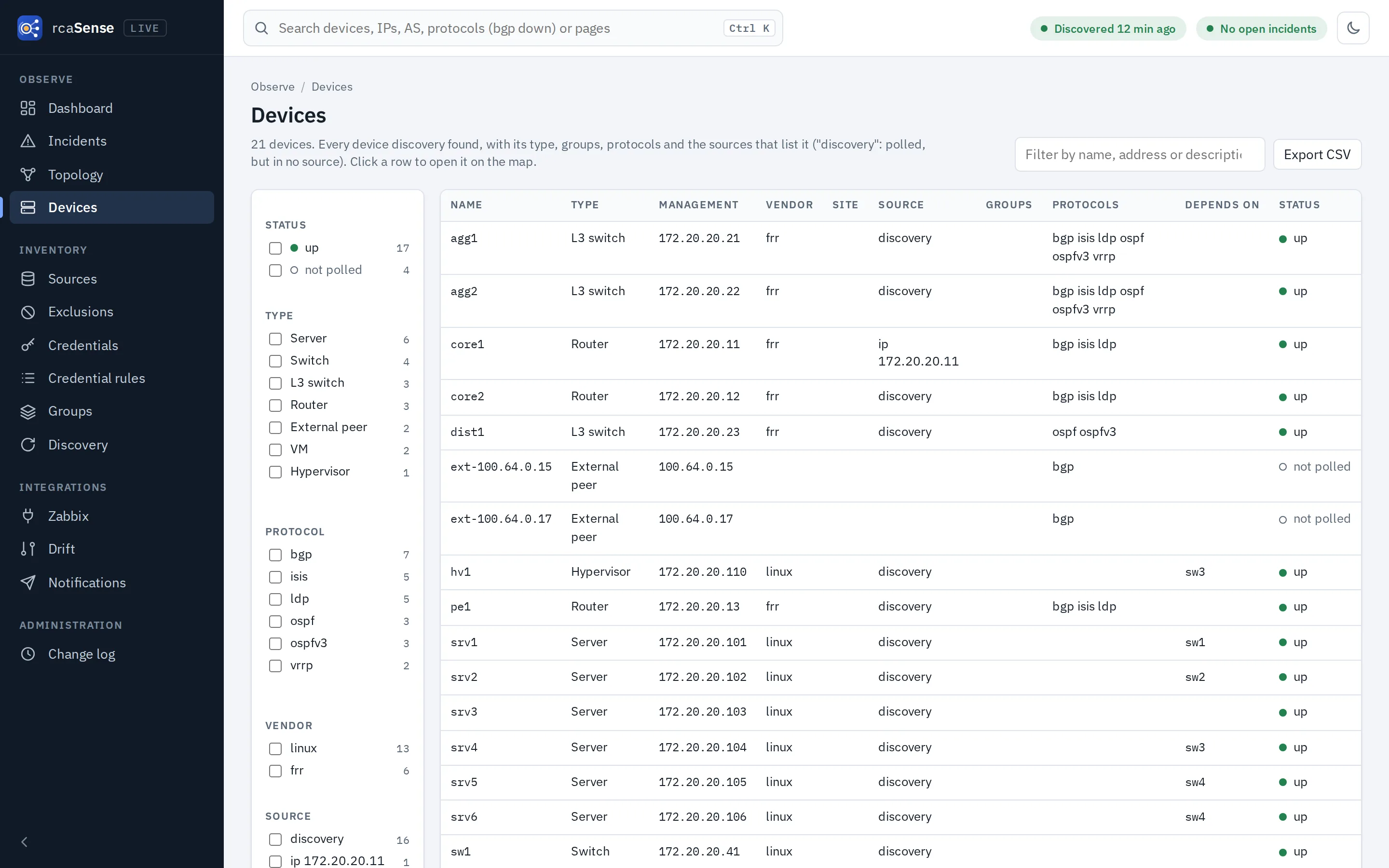 Devices table with type, address, vendor, source and status for every device